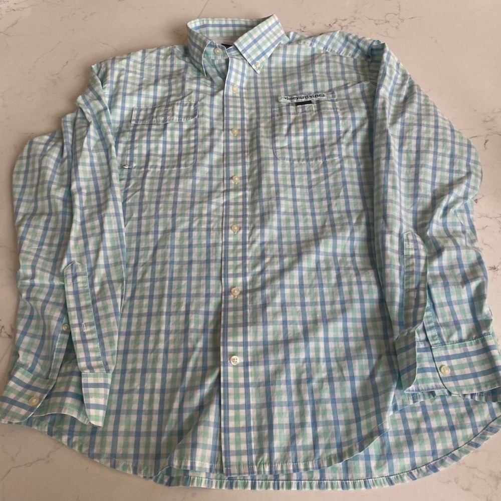 Vineyard Vines Harbor Shirt Blue Green Gingham Check Button Down Men's Size L - Picture 3 of 8